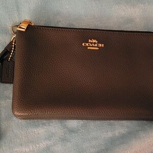Coach Dark Blue Leather Wristlet With Double Zippers
